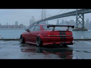 Legendary JDM Toyota Mark 2 JZX100 tuned, red black stripes rainy San Francisco
